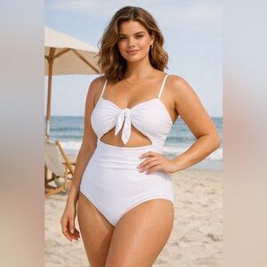 Aava Womens Valentina Swimsuit Sz Large White Front Tie One Piece Bandeau Beach